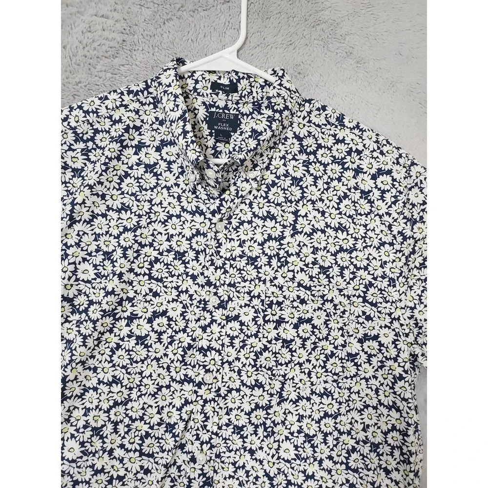 J Crew Shirt Mens Large Slim Flex Washed Daisy Floral Short Sleeve Blue Oxford L